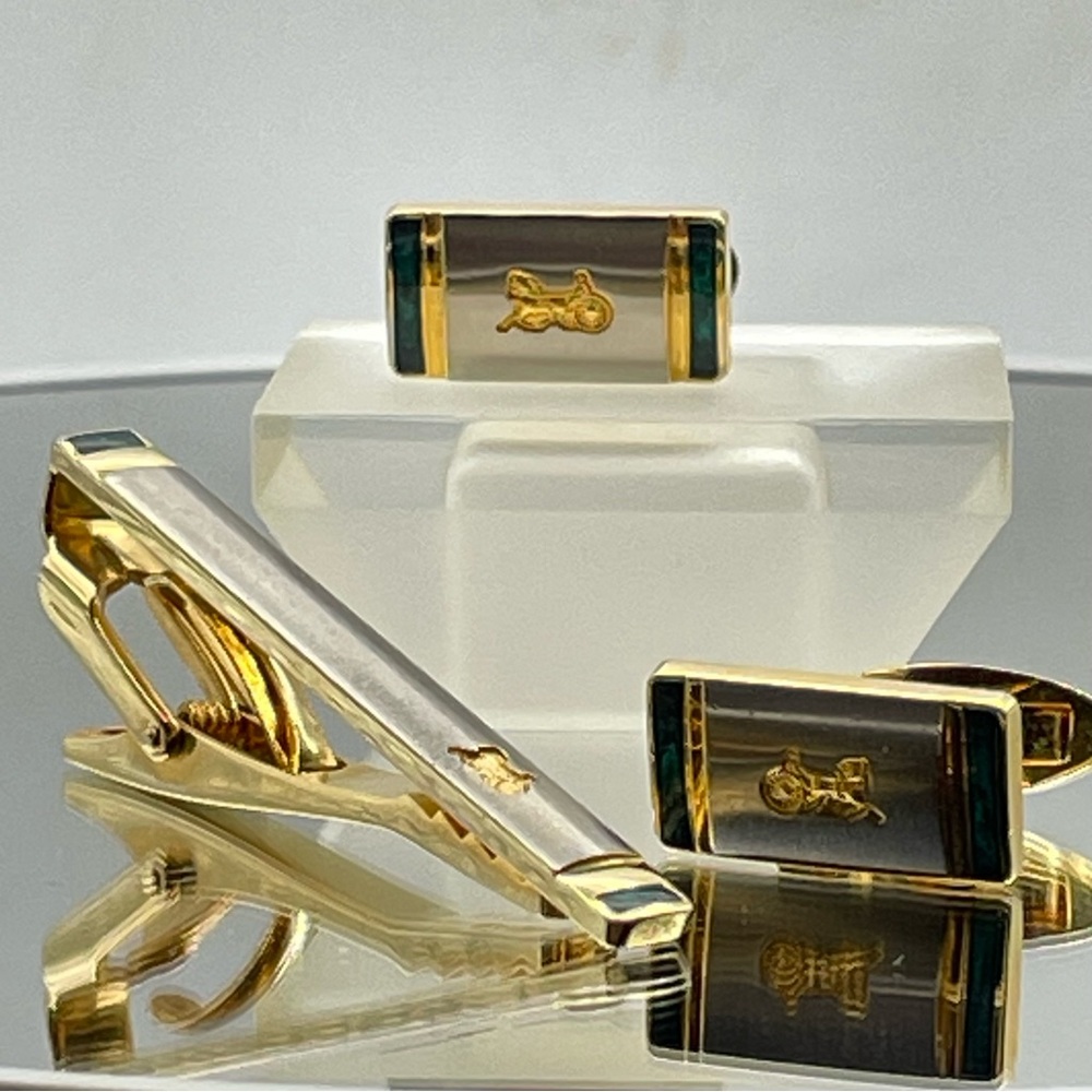 CELINE Paris Vintage Cuff Links & Tie Clip Set Horse Carriage Logo Mint in Case